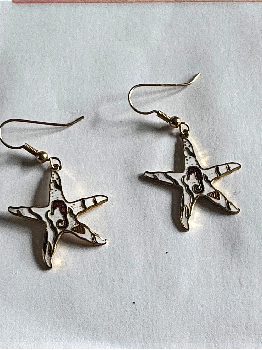 Starfish  seahorse Drop Earrings in Gold & White